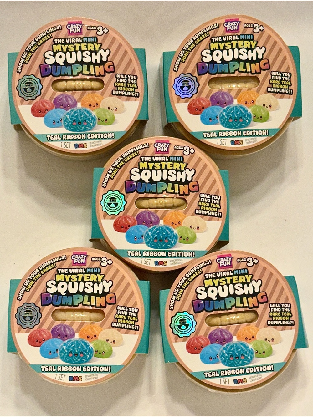 5 RMS Crazy Fun Mini Mystery Squishy Dumpling Rare Teal Ribbon Edition Kids Toy